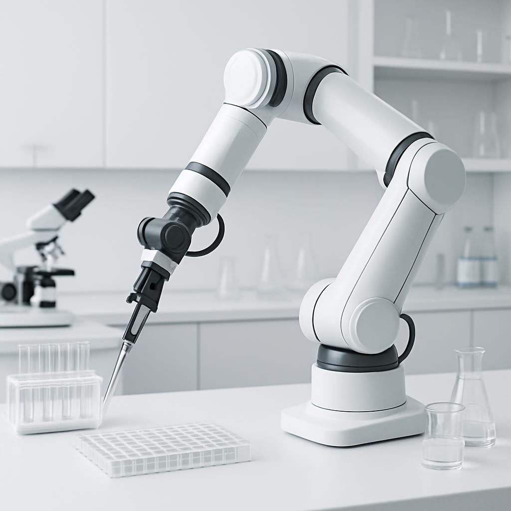 The image shows a robotic arm in a laboratory setting, with the robot grasping a pipette and a microscope visible in the b...