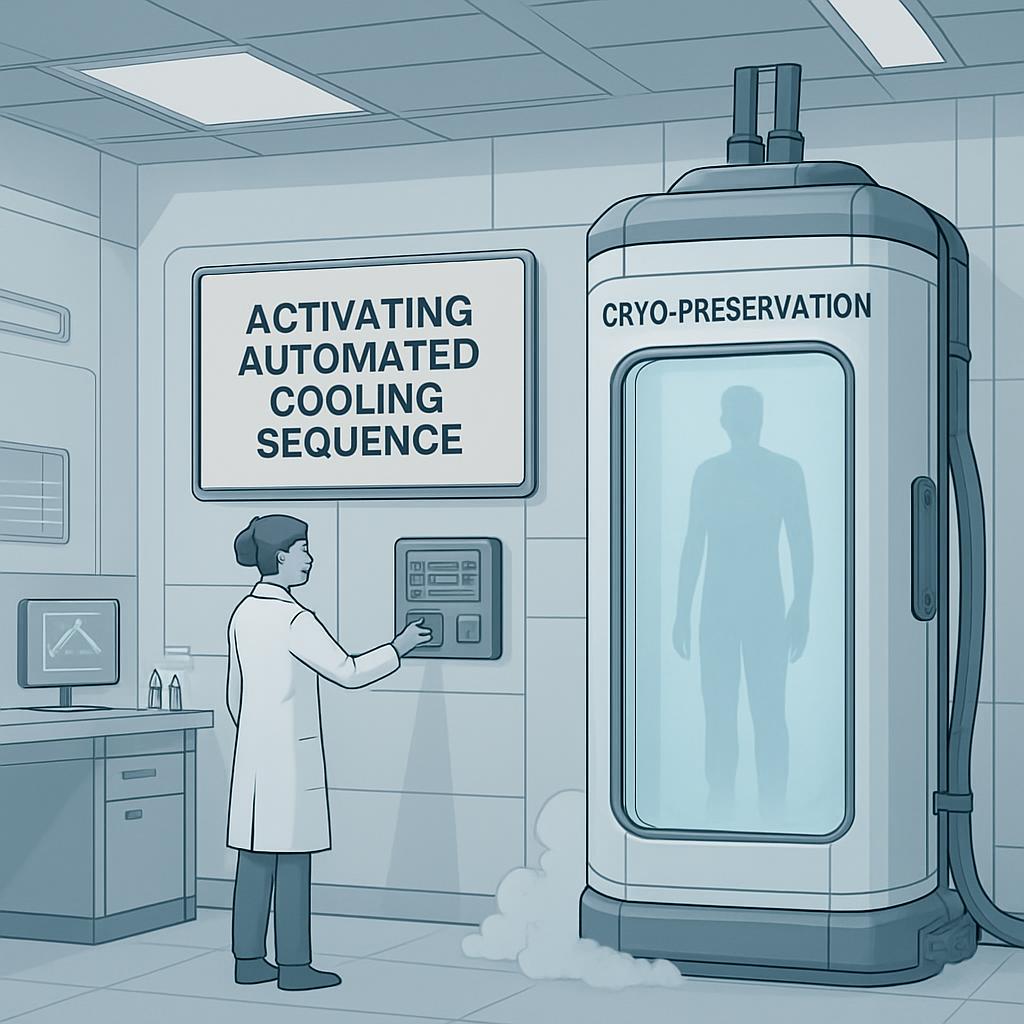 A cryopreservation machine in a laboratory setting, with a technician in the foreground.