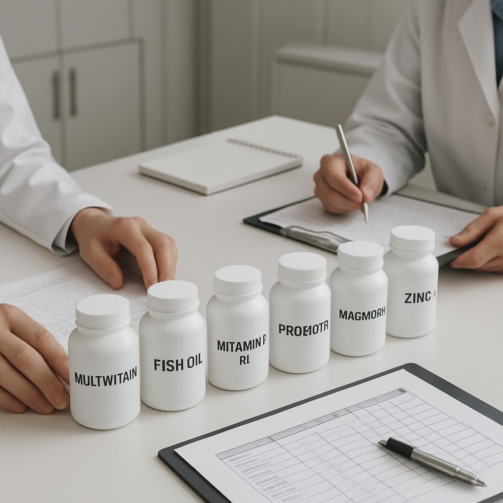 DOCTOR'S OFFICE SITTING WITH PILL BOTTLES AND CLINICAL INSTRUMENTATION AT A TABLE.